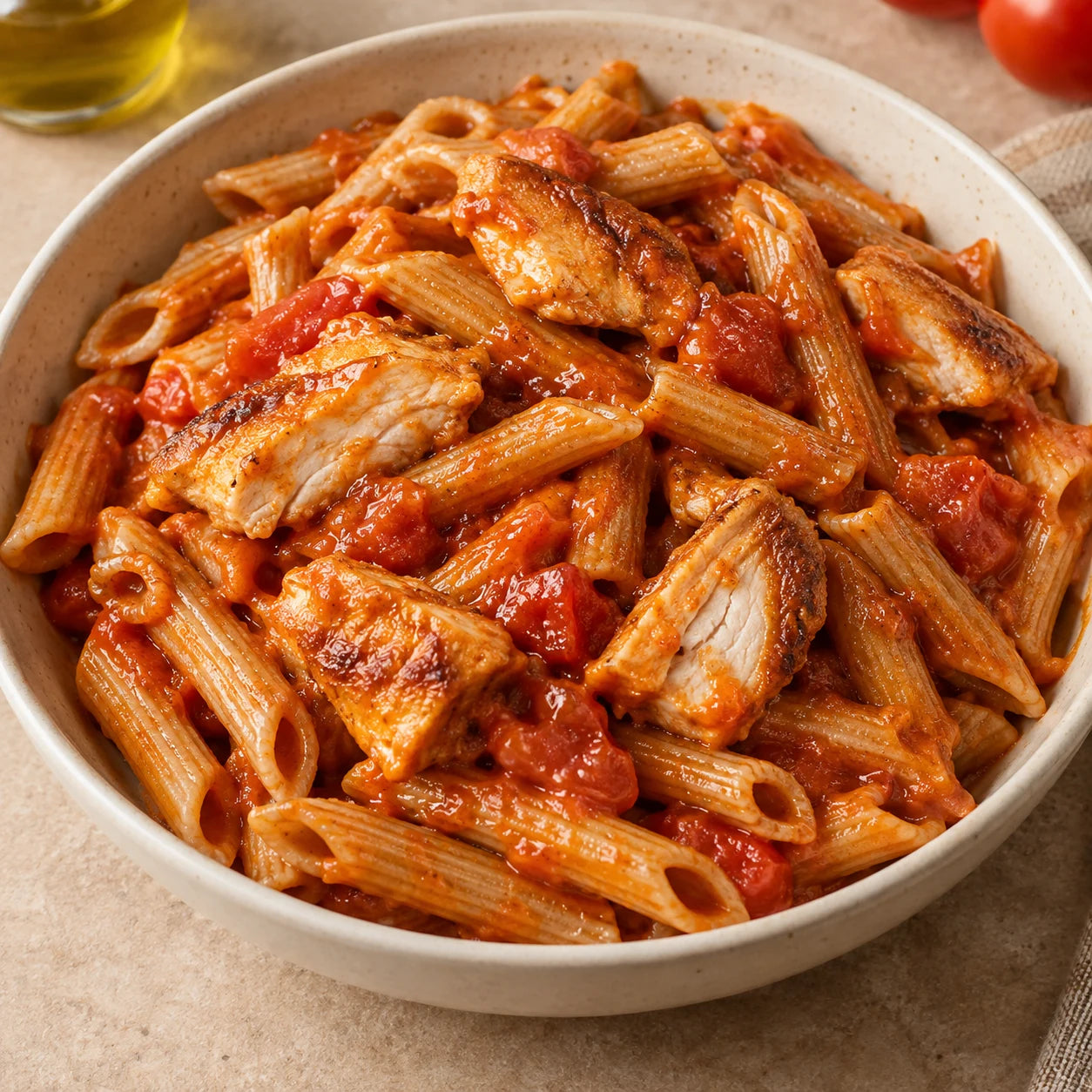 Pasta cremosa de tomate con pollo dorado, una idea para tu semana